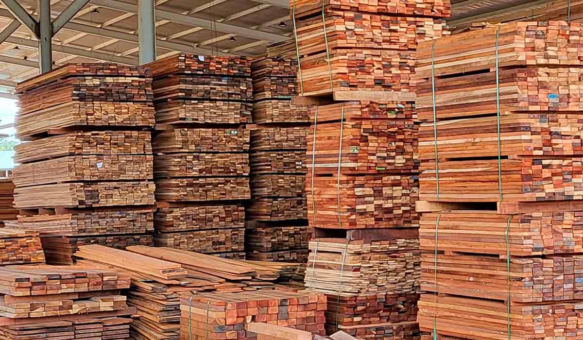 Pilhas de madeira serrada de teca prontas para comercialização