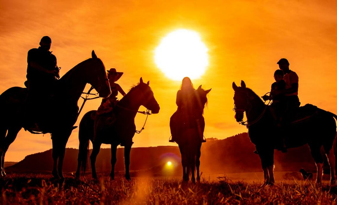 Grupo de cavalgada no por do sol