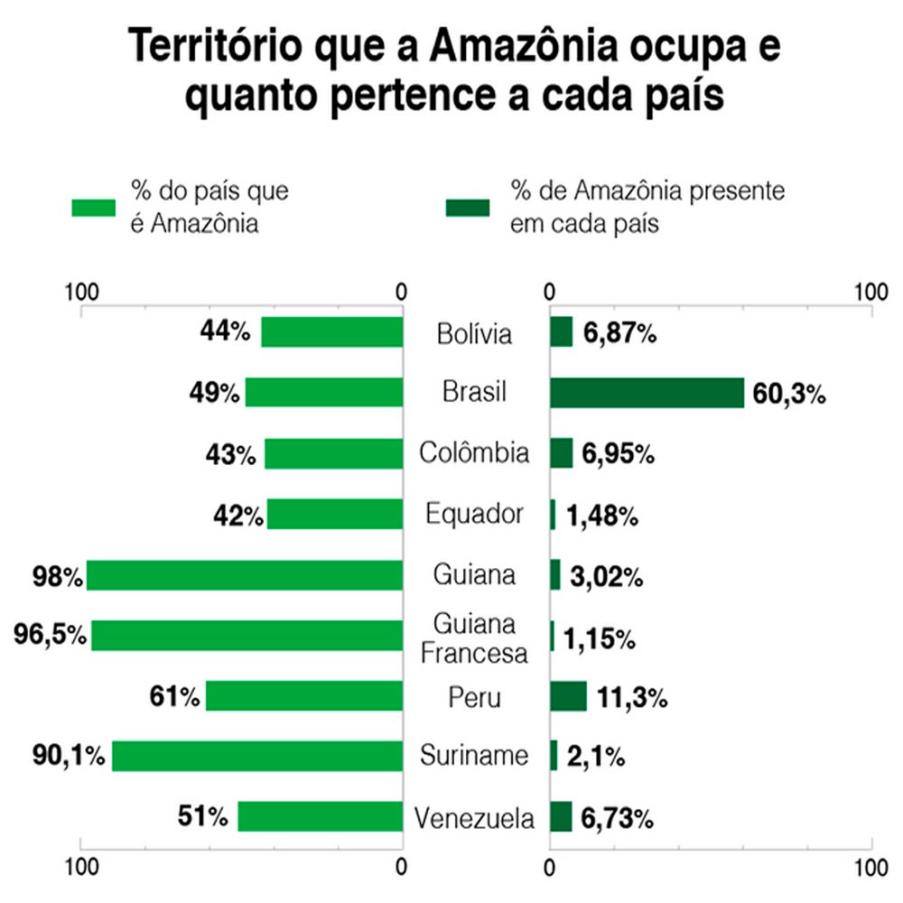 Território que a Amazônia ocupa e quanto pertence a cada país