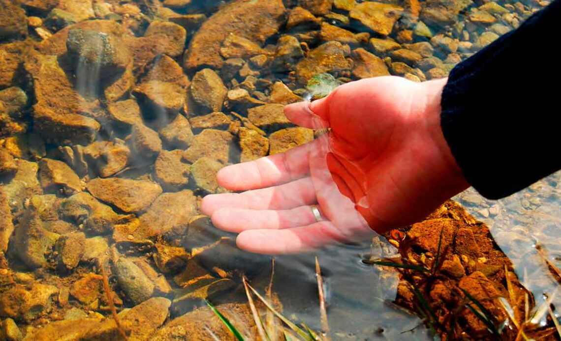 Produtor com a mão na água transparente de uma nascente