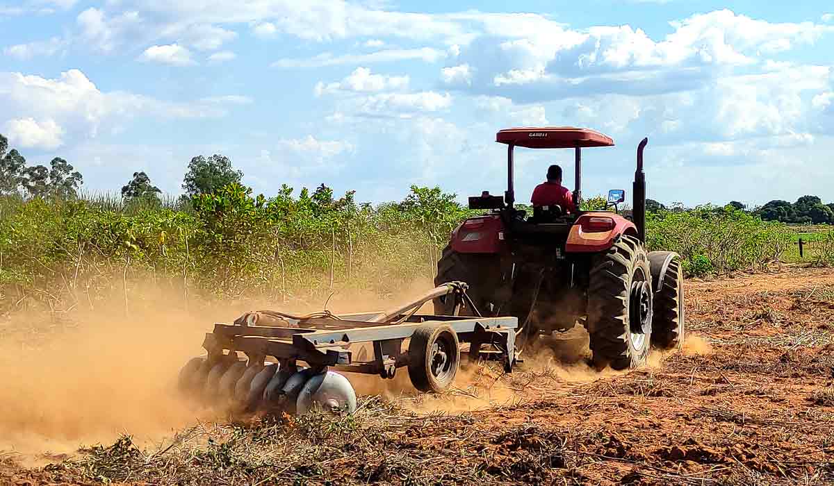 Trator gradeando área de aceiro