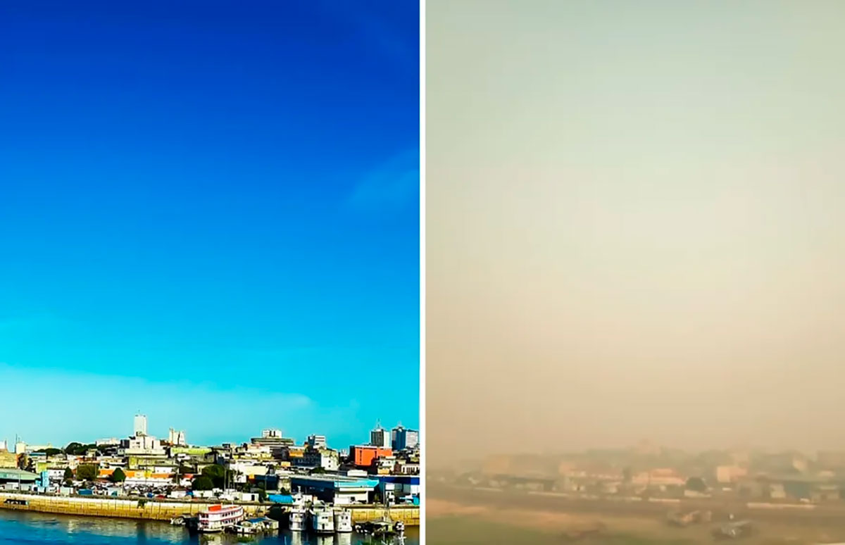 Manaus com dia normal de céu limpo e Manaus sob o efeito da fumaça