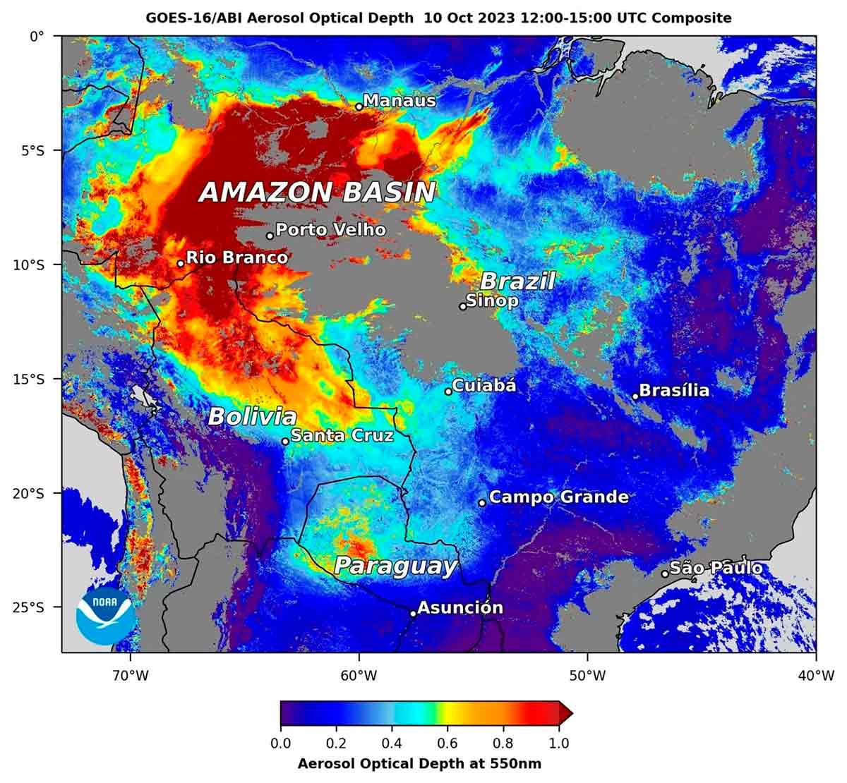 A imagem de satélite abaixo de profundidade óptica de aerossóis divulgada pela NOAA, a agência de tempo e clima dos Estados Unidos, mostra a densa fumaça gerada no estado do Amazonas em consequência do elevado número de queimadas neste mês de outubro
