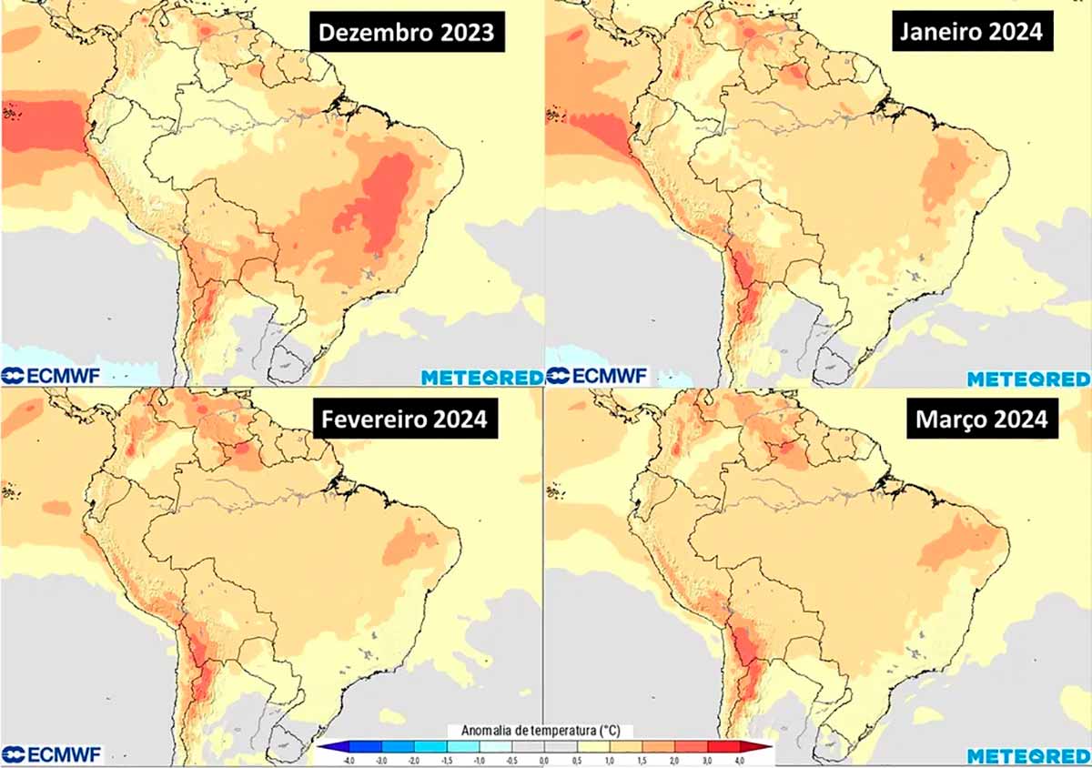 Previsões de anomalia de temperatura para os meses de dezembro de 2023 a março de 2024 pelo modelo ECMWF (Centro Europeu de Previsões Meteorológicas a Médio Prazo)