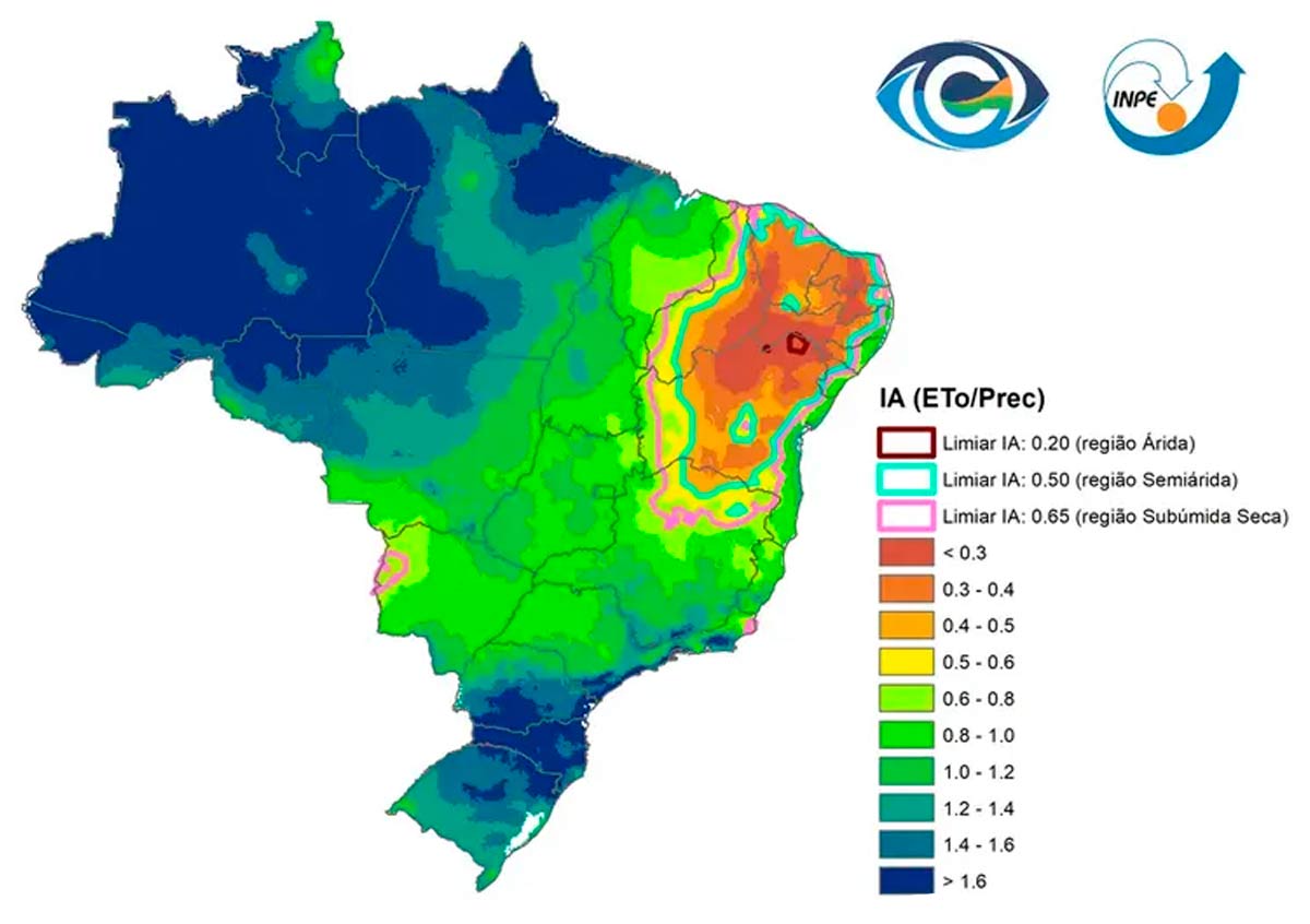 Clima semi-árido também aumenta por outras áreas do Brasil. Região árida na Bahia em destaque com linha marrom - Imagem: Inpe