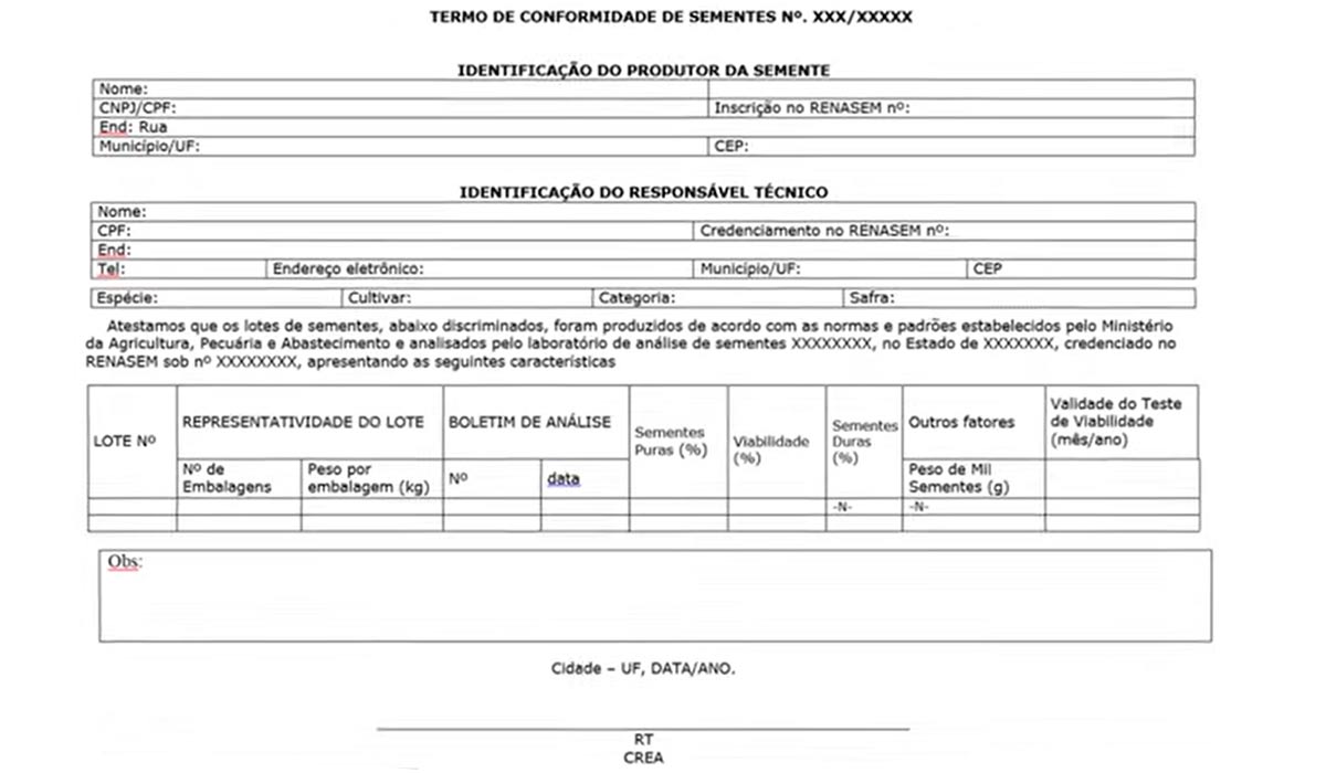 Tabela do termo de conformidade de sementes