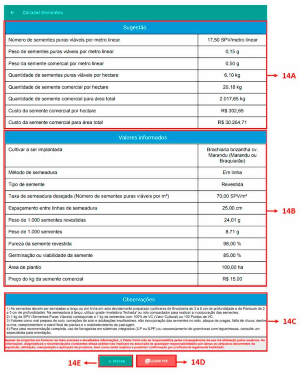 Quadro com os dados informados e a sugestão da quantidade necessária de sementes