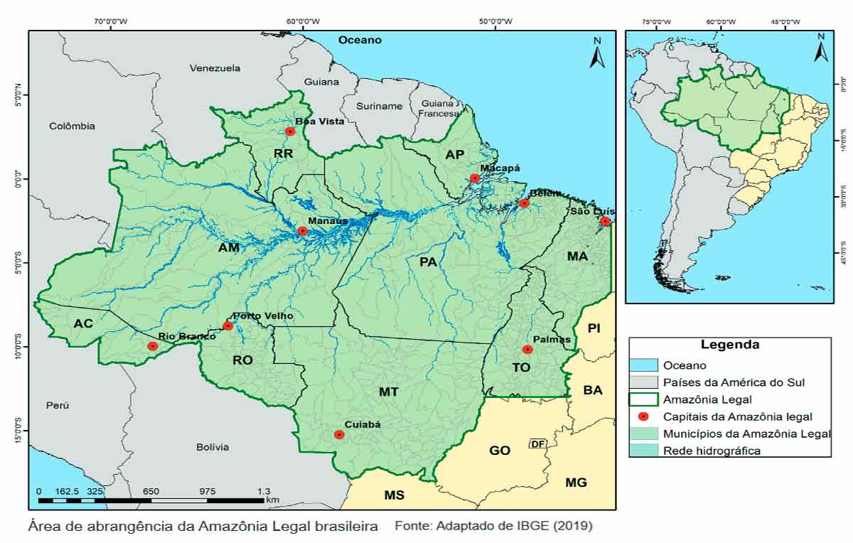 Mapa da área de abrangência da Amazônia Legal brasileira - Fonte: Adaptado de IBGE (2019)