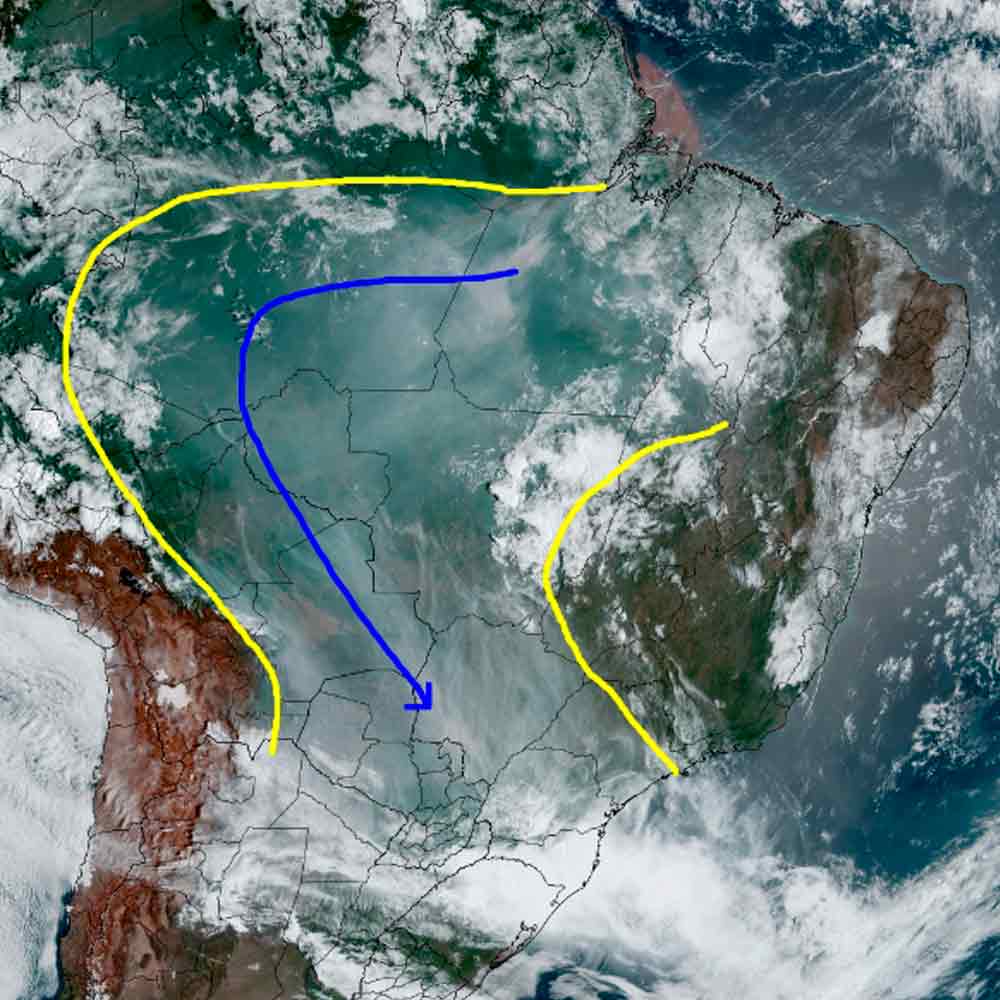 Mesma imagem com destaque para as áreas cobertas por fumaça - Fonte: RAMMB-CIRA