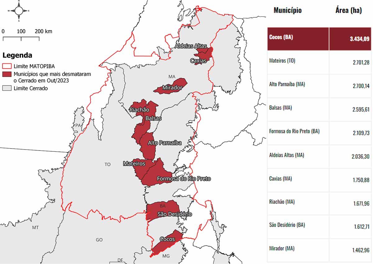 Mapa de localização dos dez municípios que mais desmataram o bioma Cerrado em outubro de 2023