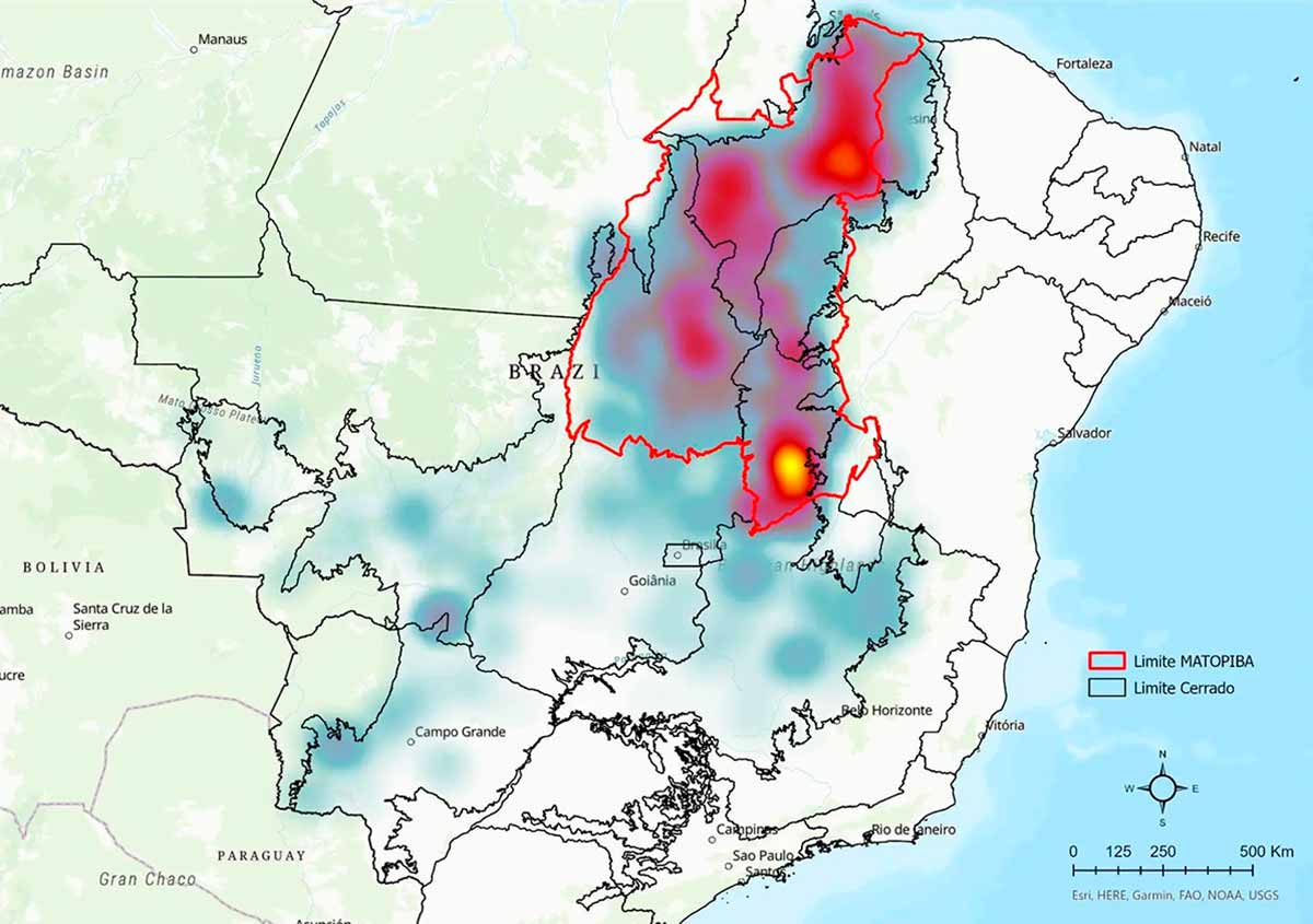 Mapa destacando a área de cerrado brasileiro em preto e o Matopiba em vermelho