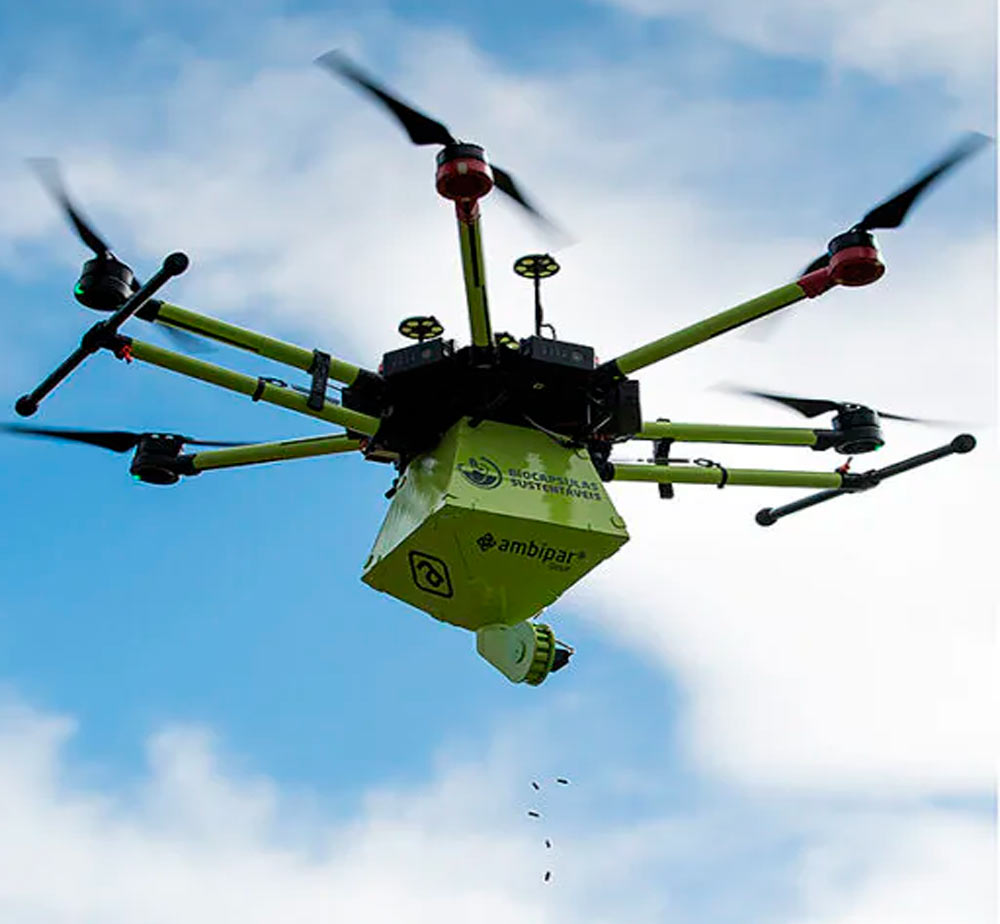Drone lançando as biocápsulas com as sementes