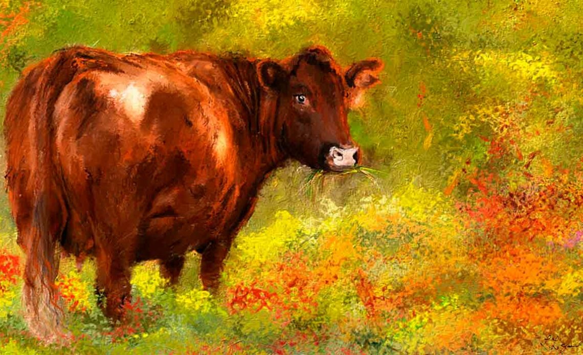 Obra "Red Devon Cattle in a Farm Scene" de Lourry Legarde