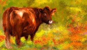 Obra "Red Devon Cattle in a Farm Scene" de Lourry Legarde