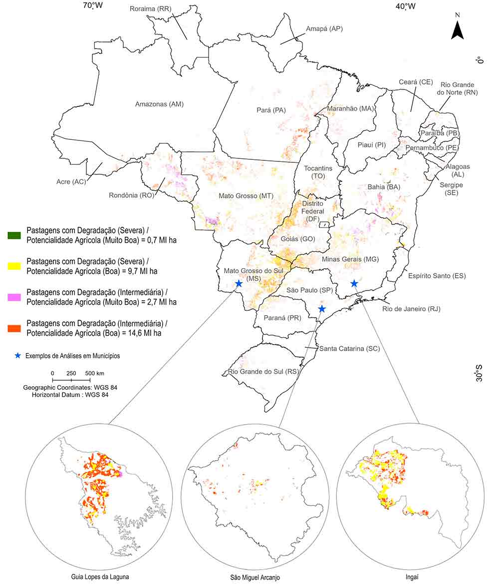 Mapa que mostra as pastagens de acordo com o estágio de degradação
