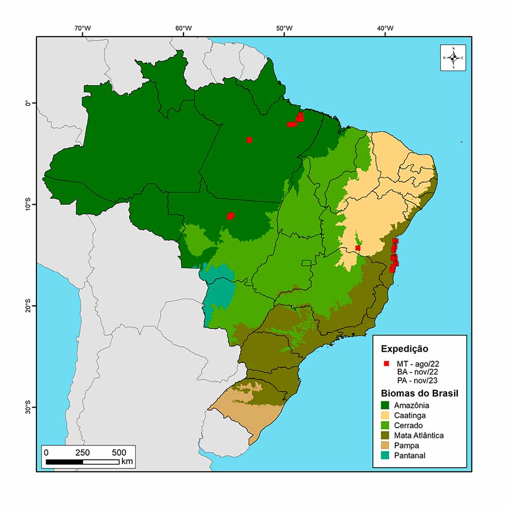 Áreas em vermelho exploradas pelas expedições da Embrapa