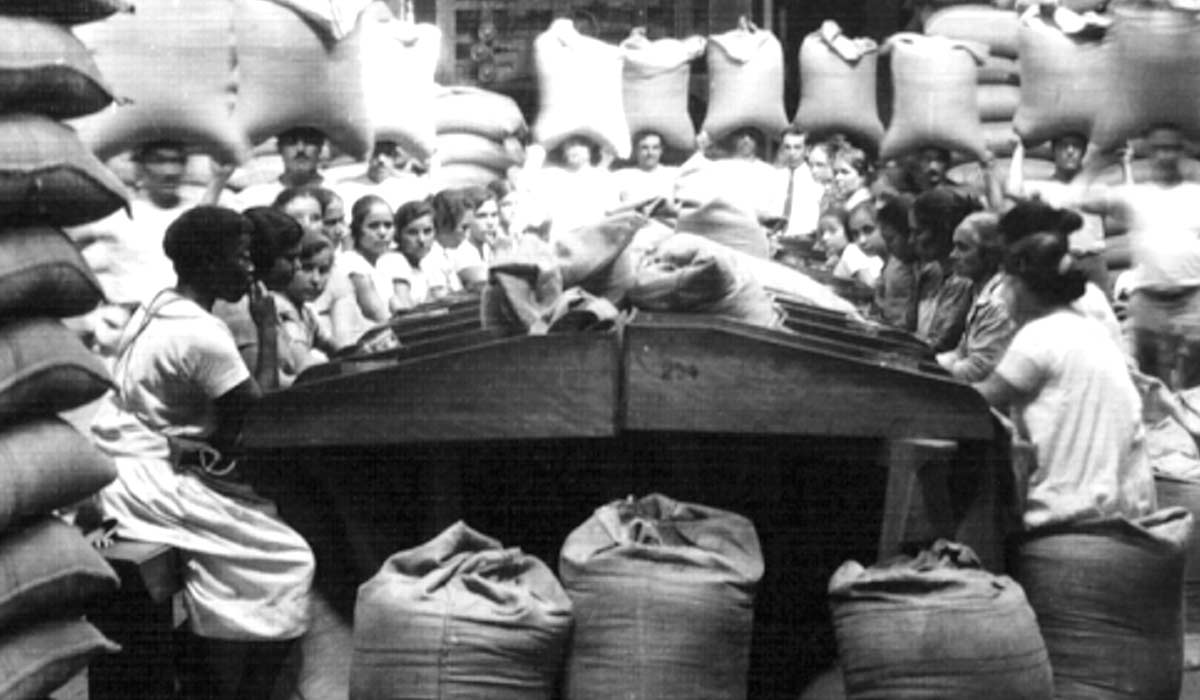 As catadoras de café nos armazéns de beneficiamento próximos ao Porto – Mostra “As Mulheres do Café”, Museu do Café de Santos