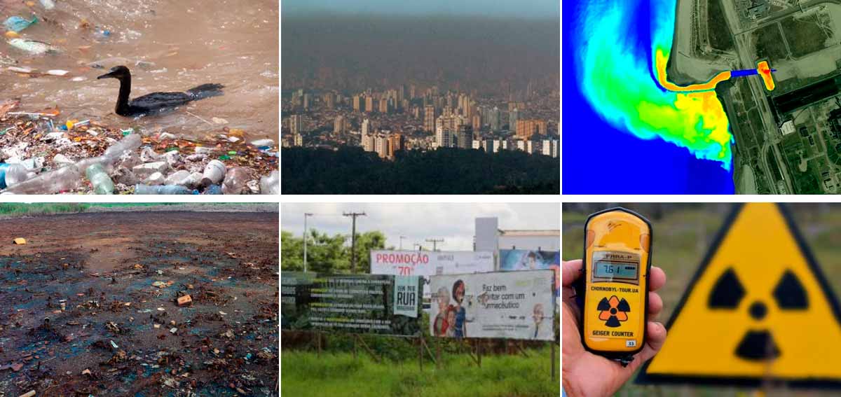 Tipos de poluição - água; atmosférica; térmica; solo; visual; radioativa