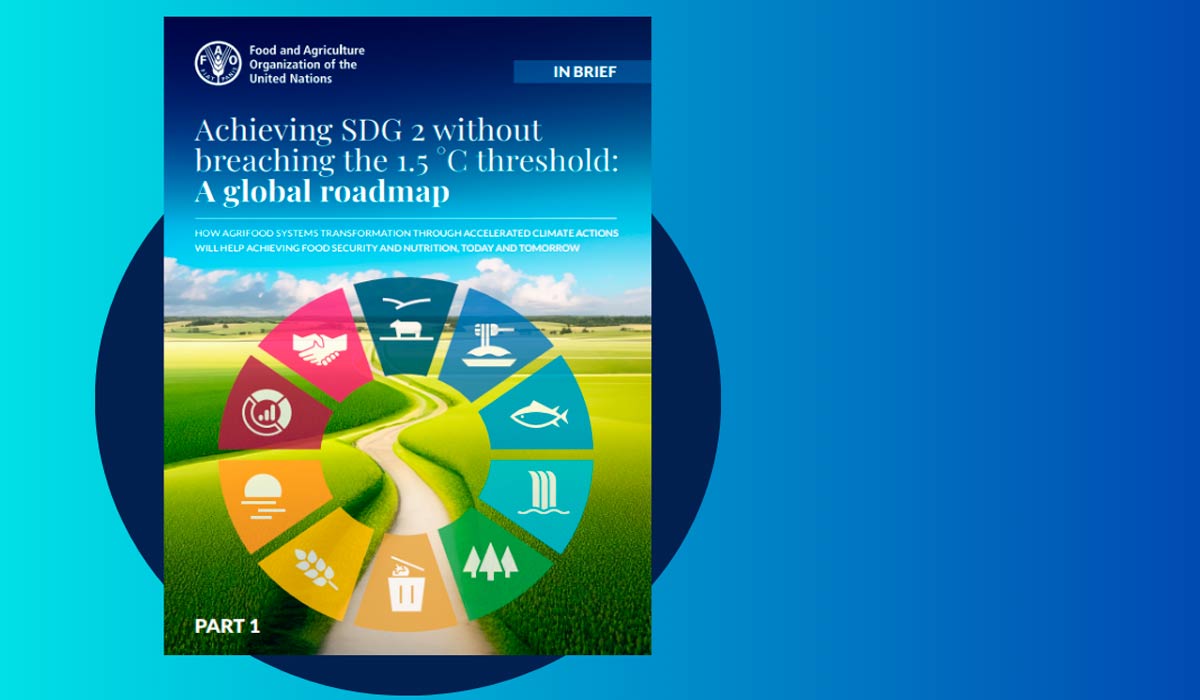 Capa do plano "Alcançar o ODS2 sem ultrapassar o limite de 1,5°C" da FAO