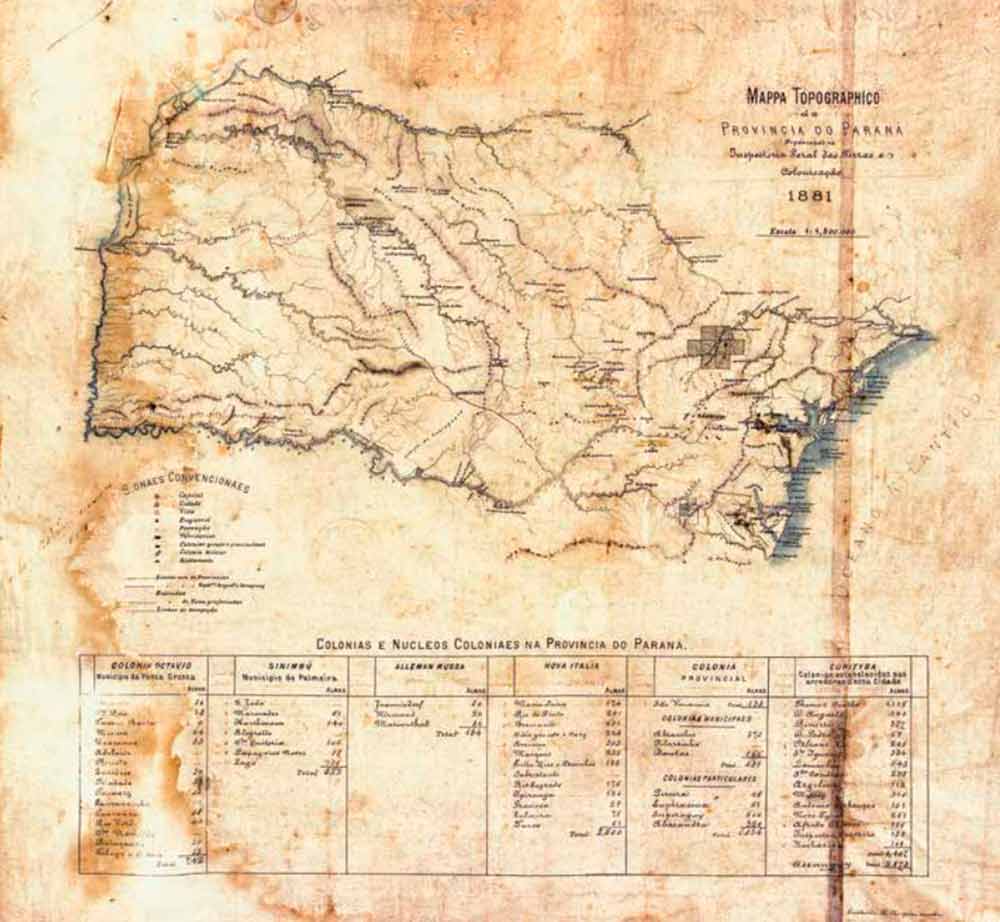 1881 - Mapa com indicações de colônias e número de imigrantes. PARANÁ - Instituto Água e Terra (IAT) - Divisão de Gestão Territorial