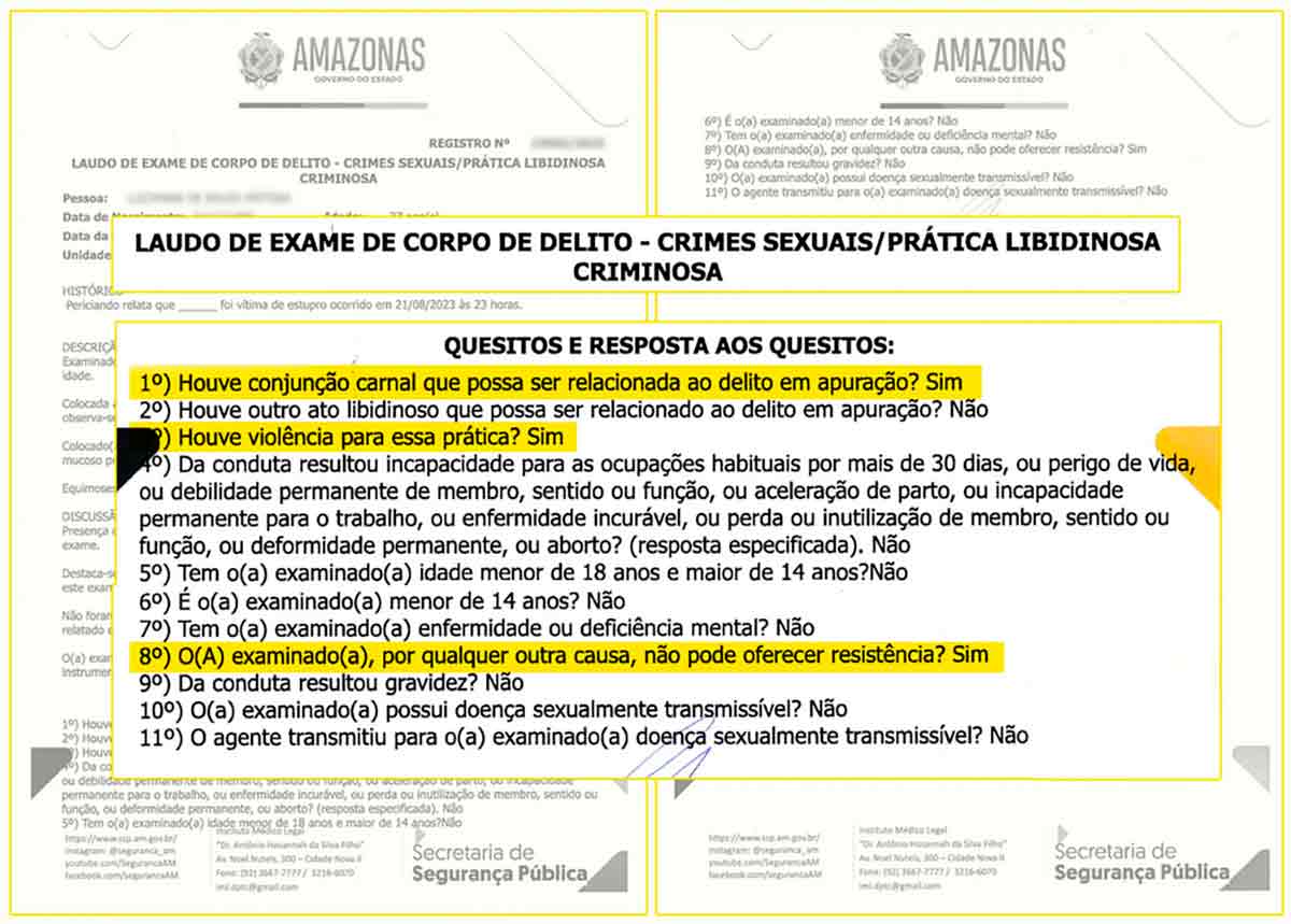 Reprodução do Laudo Médico do exame de corpo de deleito feito pelo Instituto Médico Legal do Amazonas atestando violência sexual contra a mulher indígena