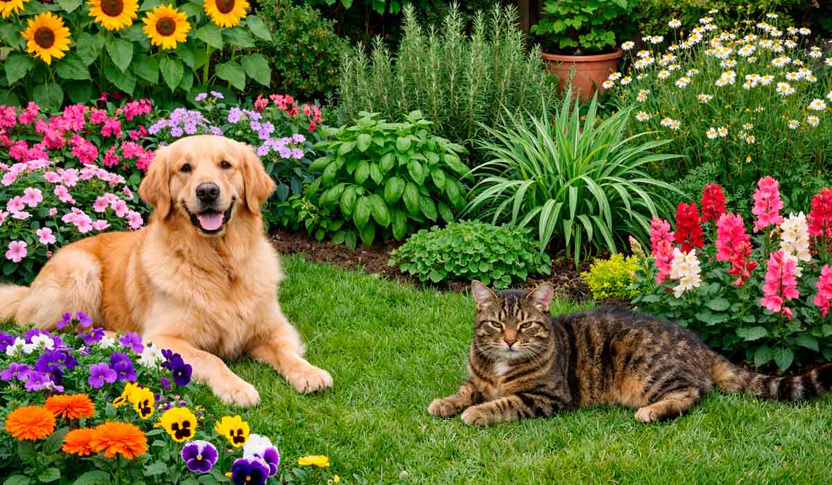 Cão e gato descansando no jardim com espécies amigáveis