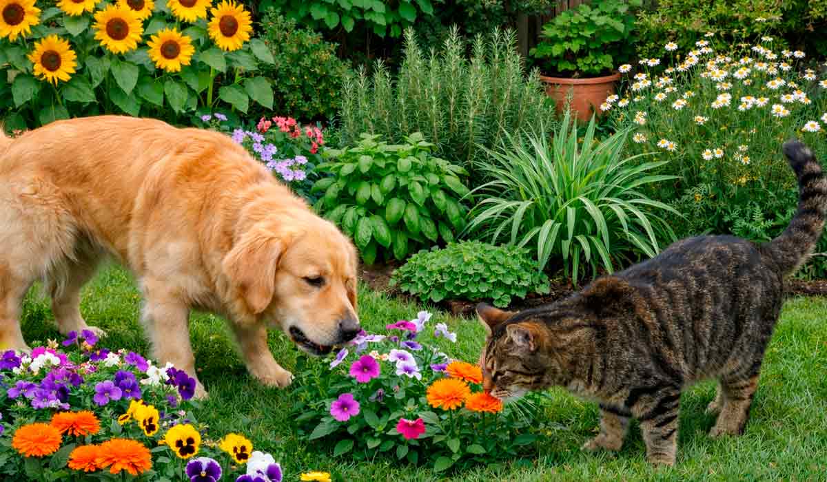 Cão e gato explorando o jardim Cão e gato explorando o jardim