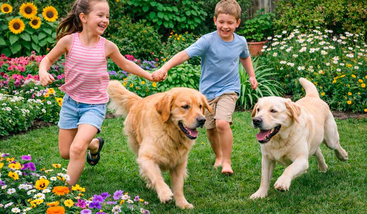 Crianças brincando com cachorros no jardim Crianças brincando com cachorros no jardim