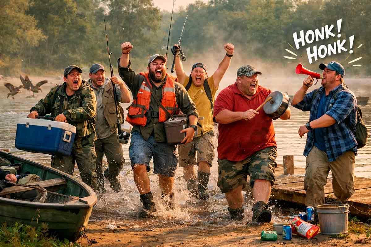 Grupo de pescadores chegando para pescar em verdadeira algazarra Grupo de pescadores chegando para pescar em verdadeira algazarra