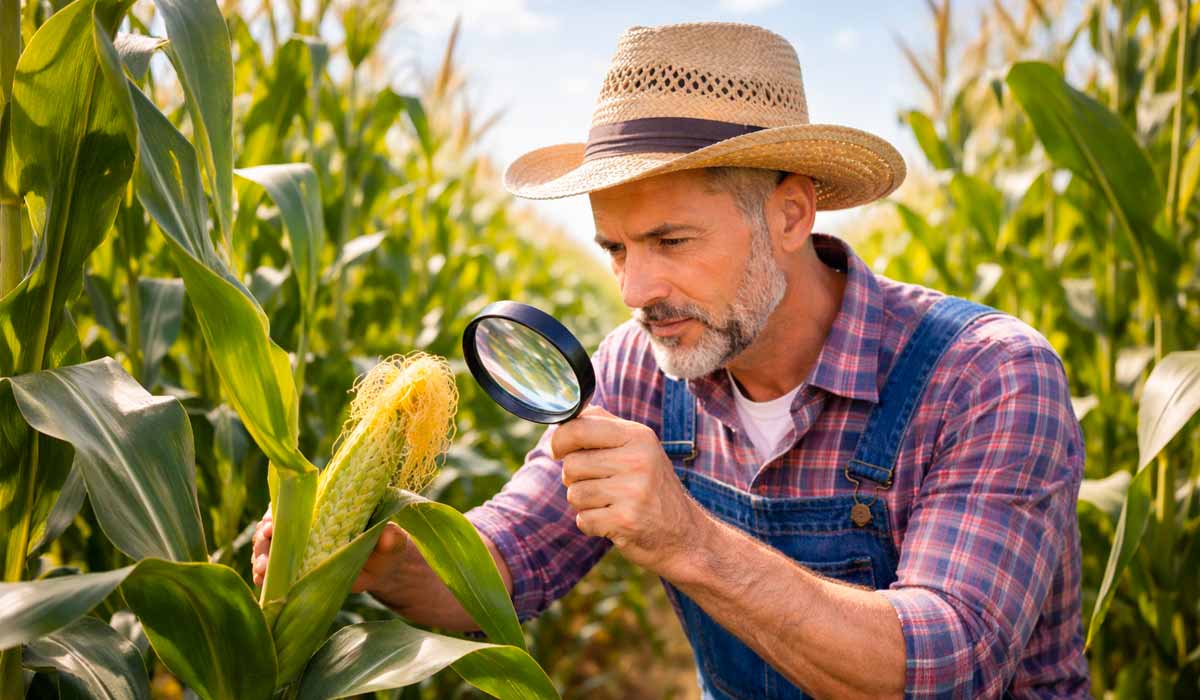 Produtor rural examinando uma possível praga em seu milharal