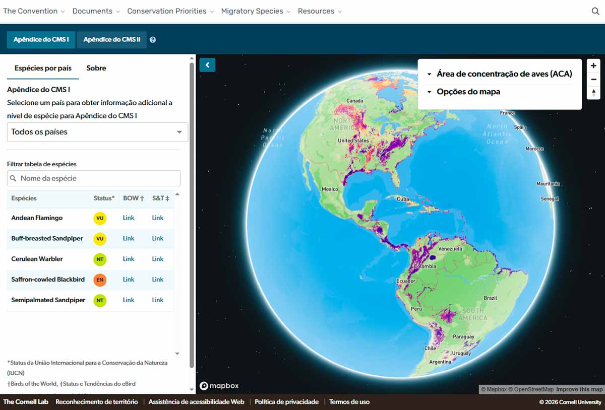 Interface do Atlas de Rotas Migratórias das Américas Interface do Atlas de Rotas Migratórias das Américas