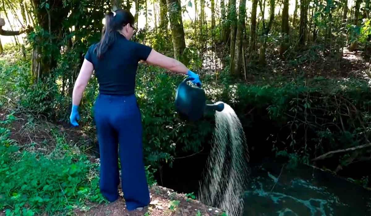 Demonstração da forma de aplicação do biolarvicida no córrego - Foto: Catve Demonstração da forma de aplicação do biolarvicida no córrego - Foto: Catve