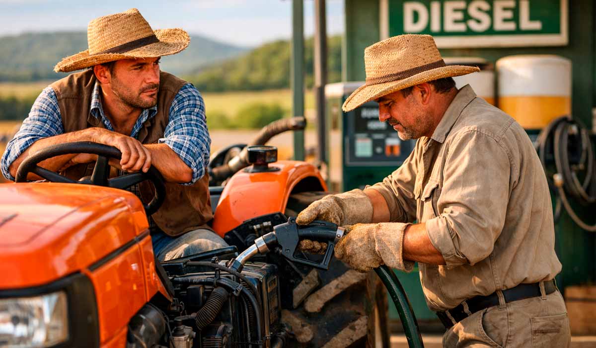 Fazendeiro abastecendo o trator com diesel Fazendeiro abastecendo o trator com diesel