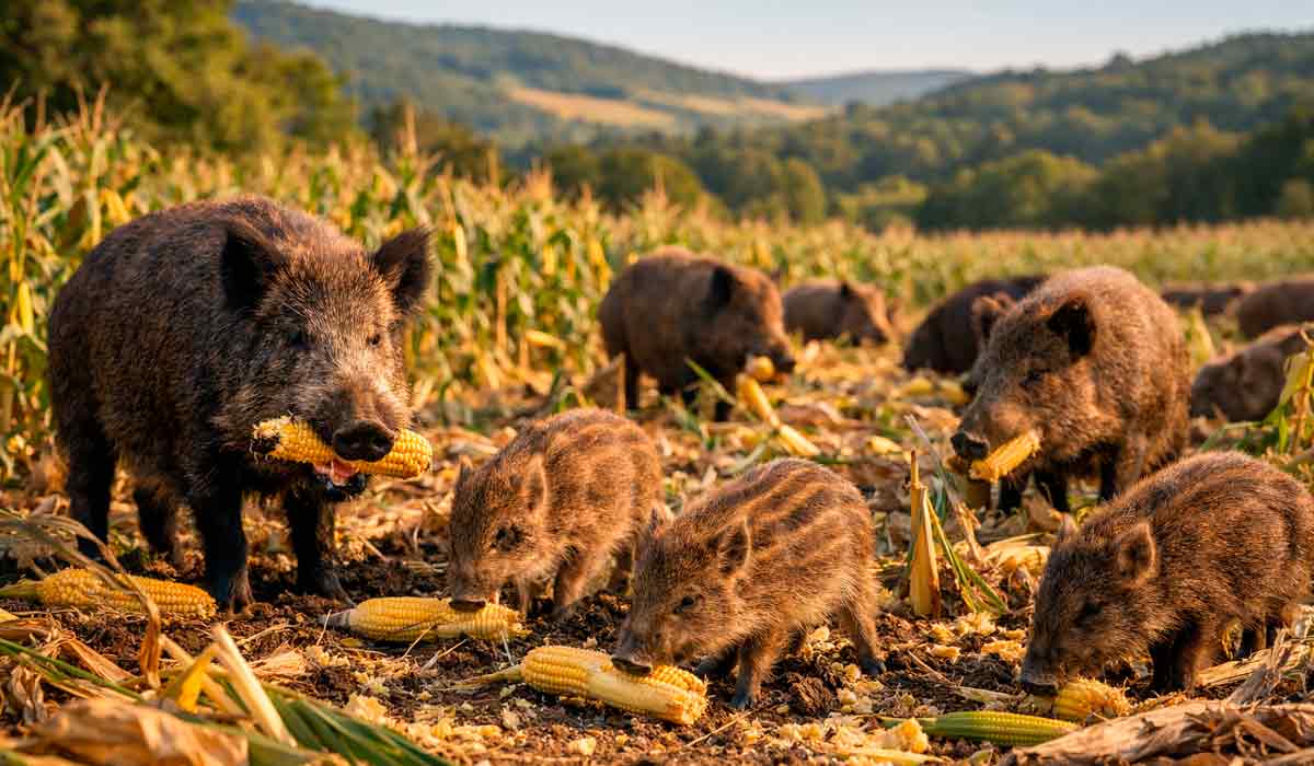 Bando de javalis invadindo um milharam e causando danos ao produtor rural Bando de javalis invadindo um milharam e causando danos ao produtor rural