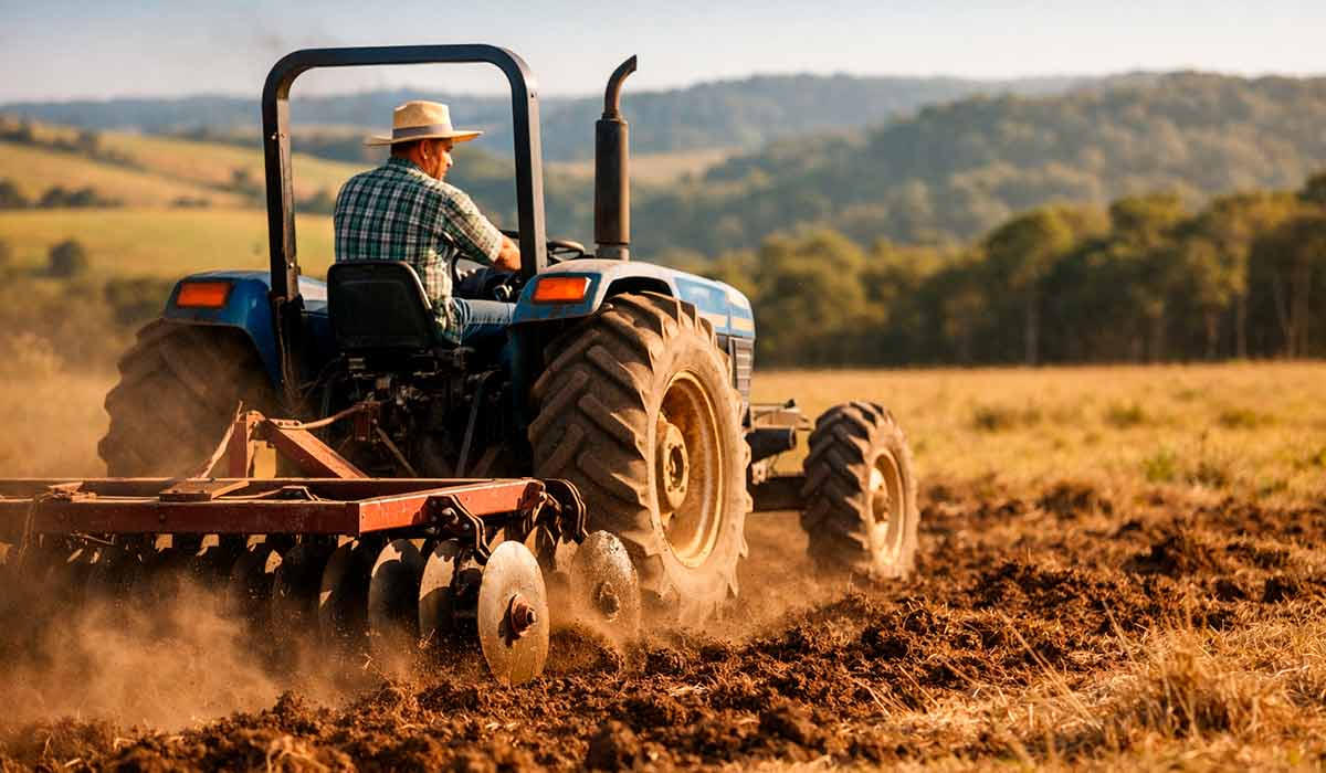 Produtor iniciando o trabalho de recuperação de pastagem degradada com trator e grade Produtor iniciando o trabalho de recuperação de pastagem degradada com trator e grade
