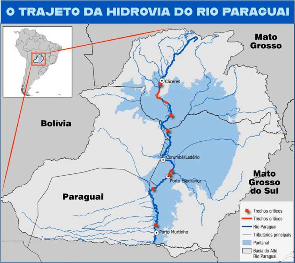 Bacia do Alto Rio Paraguai (área em azul claro). As cruzes e as linha vermelhas indicam a localização dos 21 trechos críticos do Rio Paraguai que exigiriam dragagens frequentes e, em alguns casos, remoção de rochas Bacia do Alto Rio Paraguai (área em azul claro). As cruzes e as linha vermelhas indicam a localização dos 21 trechos críticos do Rio Paraguai que exigiriam dragagens frequentes e, em alguns casos, remoção de rochas