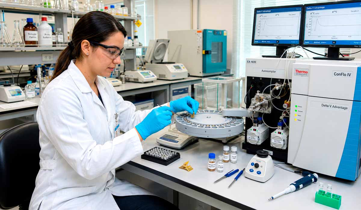 Técnica trabalhando com as amostras no espectômetro de massa Técnica trabalhando com as amostras no espectômetro de massa