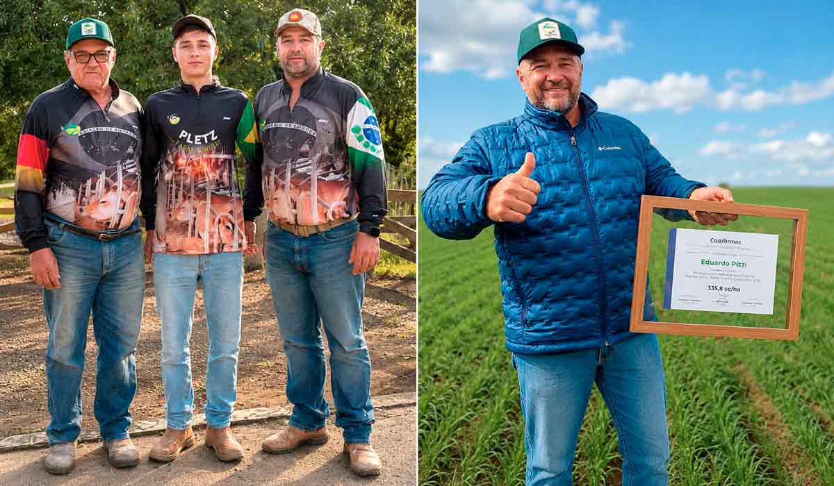 Recorde nacional destaca eficiência no manejo do milho, tecnologia e sucessão familiar. Na foto o avô, o neto e o filho. Com destaque para Eduardo com o o certificado de campeão recordista Recorde nacional destaca eficiência no manejo do milho, tecnologia e sucessão familiar. Na foto o avô, o neto e o filho. Com destaque para Eduardo com o o certificado de campeão recordista