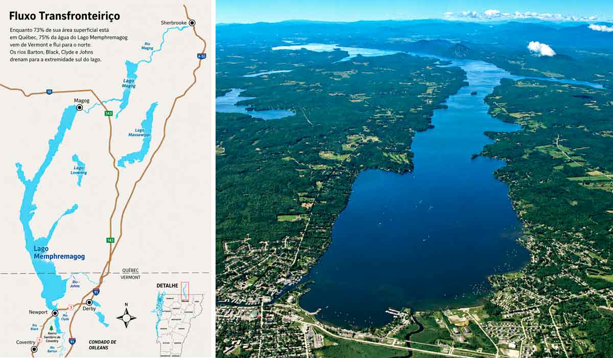 O Lago Memphremagog é compartilhado por Vermont e Quebec e abastece milhares de pessoas O Lago Memphremagog é compartilhado por Vermont e Quebec e abastece milhares de pessoas