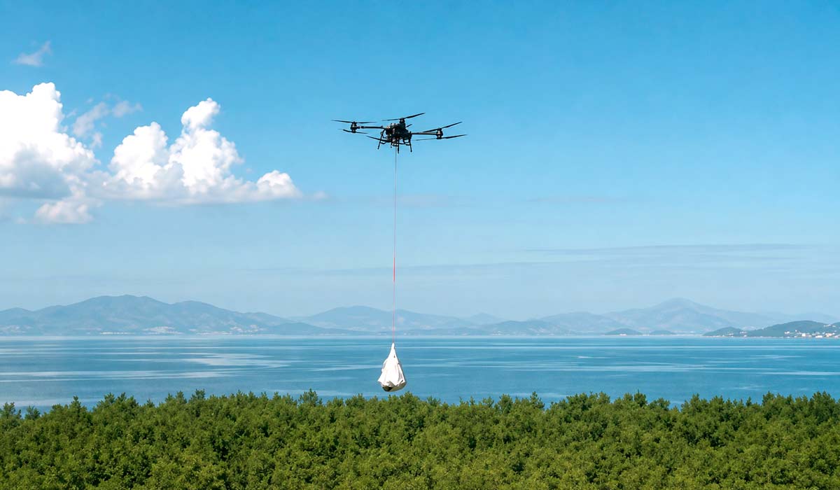 Drone de carga com capacidade para transportar 30 quilos de mudas, amplia eficiência no transporte. Projeto une pesquisa, drones e conhecimento tradicional para restaurar manguezais e ampliar serviços ambientais Drone de carga com capacidade para transportar 30 quilos de mudas, amplia eficiência no transporte. Projeto une pesquisa, drones e conhecimento tradicional para restaurar manguezais e ampliar serviços ambientais