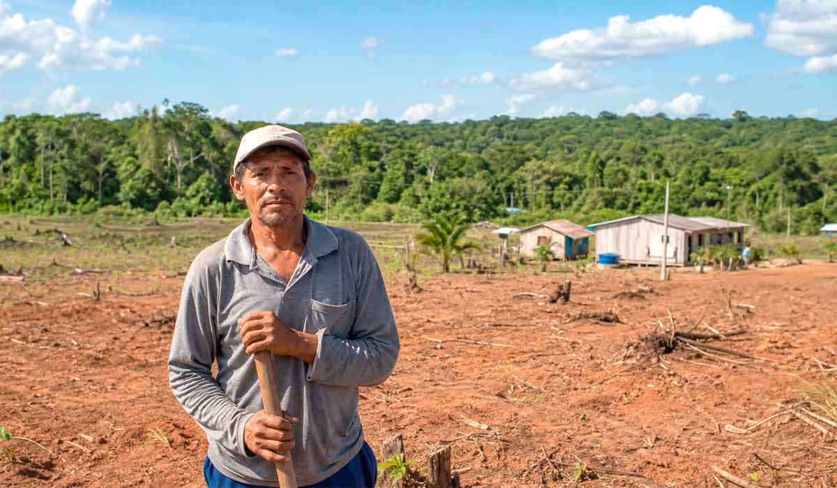 trabalhador rural em área de fronteira com floresta ao fundo trabalhador rural em área de fronteira com floresta ao fundo