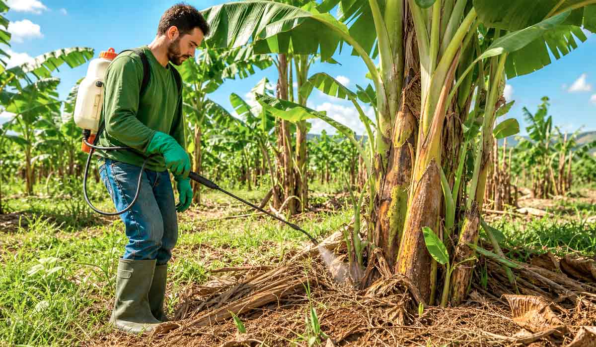 Aplicação de fungo Beauveria bassiana na base das bananeiras: controle biológico sem resíduos nos alimentos Aplicação de fungo Beauveria bassiana na base das bananeiras: controle biológico sem resíduos nos alimentos