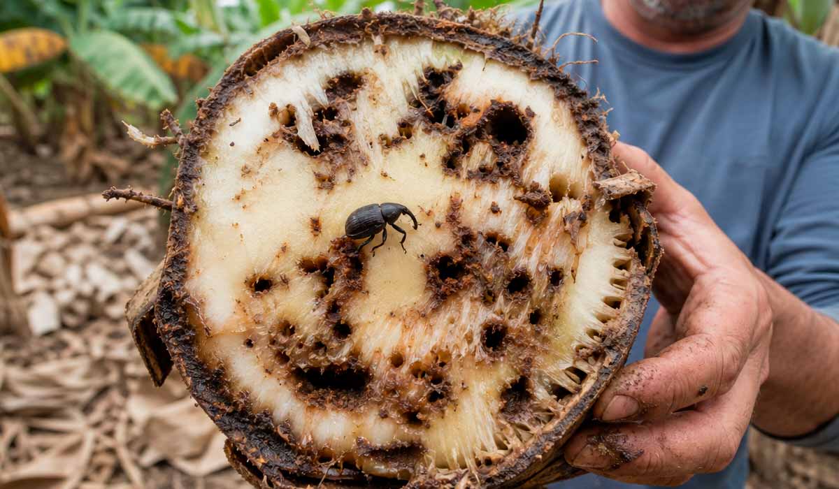 Corte do rizoma de bananeira com galerias abertas por larvas da broca: a praga compromete a absorção de nutrientes Corte do rizoma de bananeira com galerias abertas por larvas da broca: a praga compromete a absorção de nutrientes