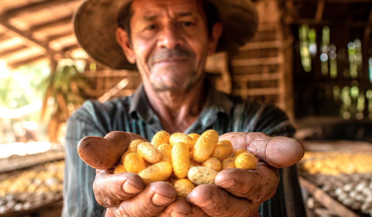 Casulos dourados do bicho-da-seda recém-colhidos em propriedade paranaense, resultado de ciclo de 28 dias de alimentação exclusiva com folhas de amoreira Casulos dourados do bicho-da-seda recém-colhidos em propriedade paranaense, resultado de ciclo de 28 dias de alimentação exclusiva com folhas de amoreira