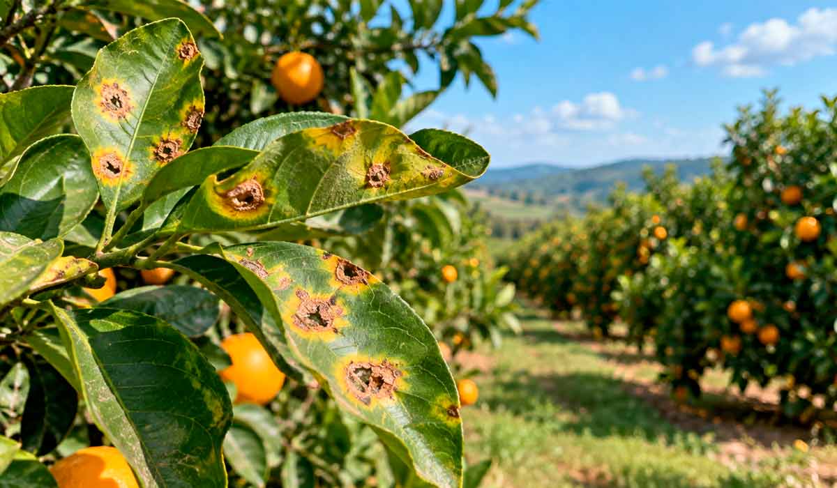Folhas de laranjeira com lesões características do cancro cítrico, doença que compromete a qualidade comercial dos frutos no pomar