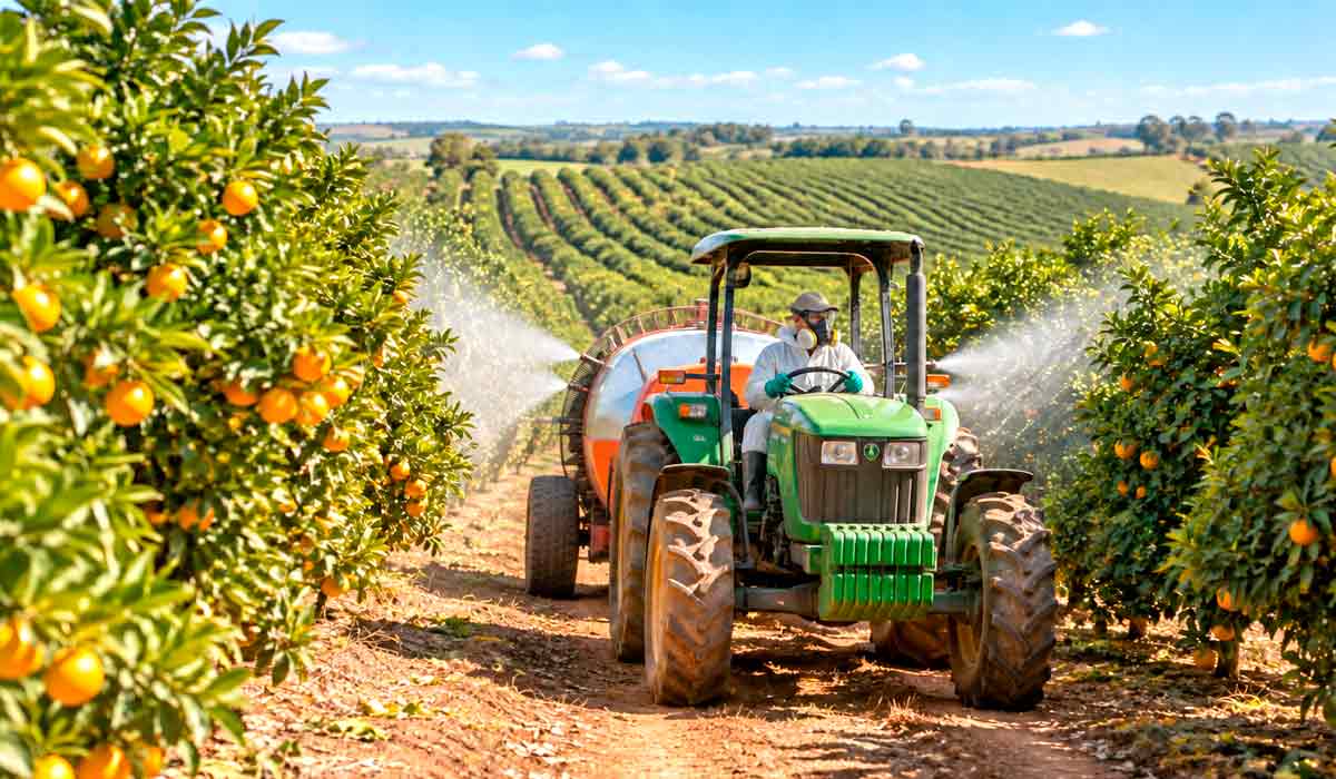 Pulverização em laranjal: futuro biopesticida à base de fagos seria aplicado junto com doses menores de cobre. Os fagos podem reduzir a dependência de produtos cúpricos Pulverização em laranjal: futuro biopesticida à base de fagos seria aplicado junto com doses menores de cobre. Os fagos podem reduzir a dependência de produtos cúpricos