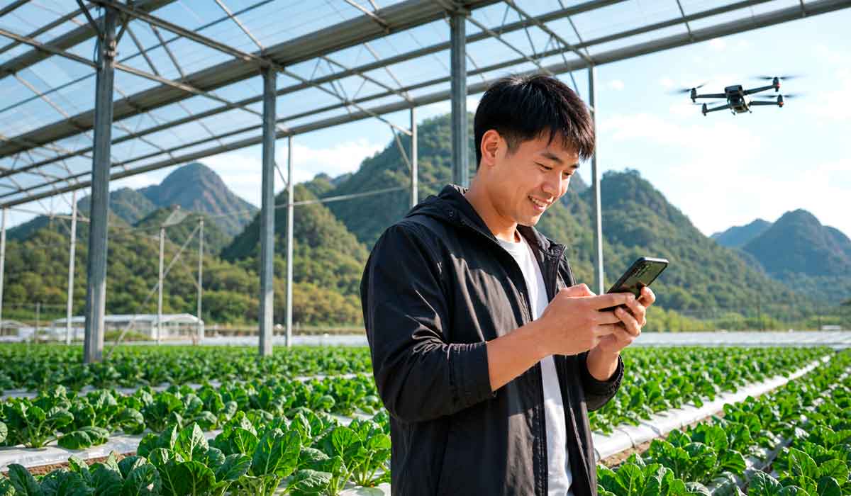 jovem agricultor com tecnologia em estufa jovem agricultor com tecnologia em estufa