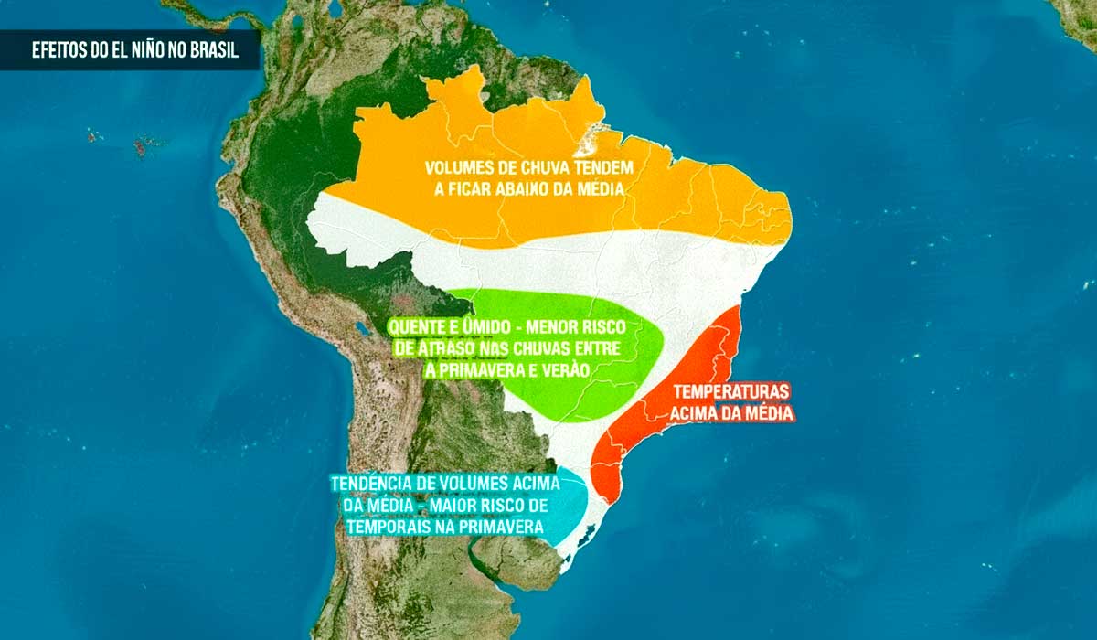 Mapa mostra os possíveis efeitos do El Niño no Brasil, com tendência de chuvas abaixo da média no norte e nordeste e volumes acima da média no sul Mapa mostra os possíveis efeitos do El Niño no Brasil, com tendência de chuvas abaixo da média no norte e nordeste e volumes acima da média no sul