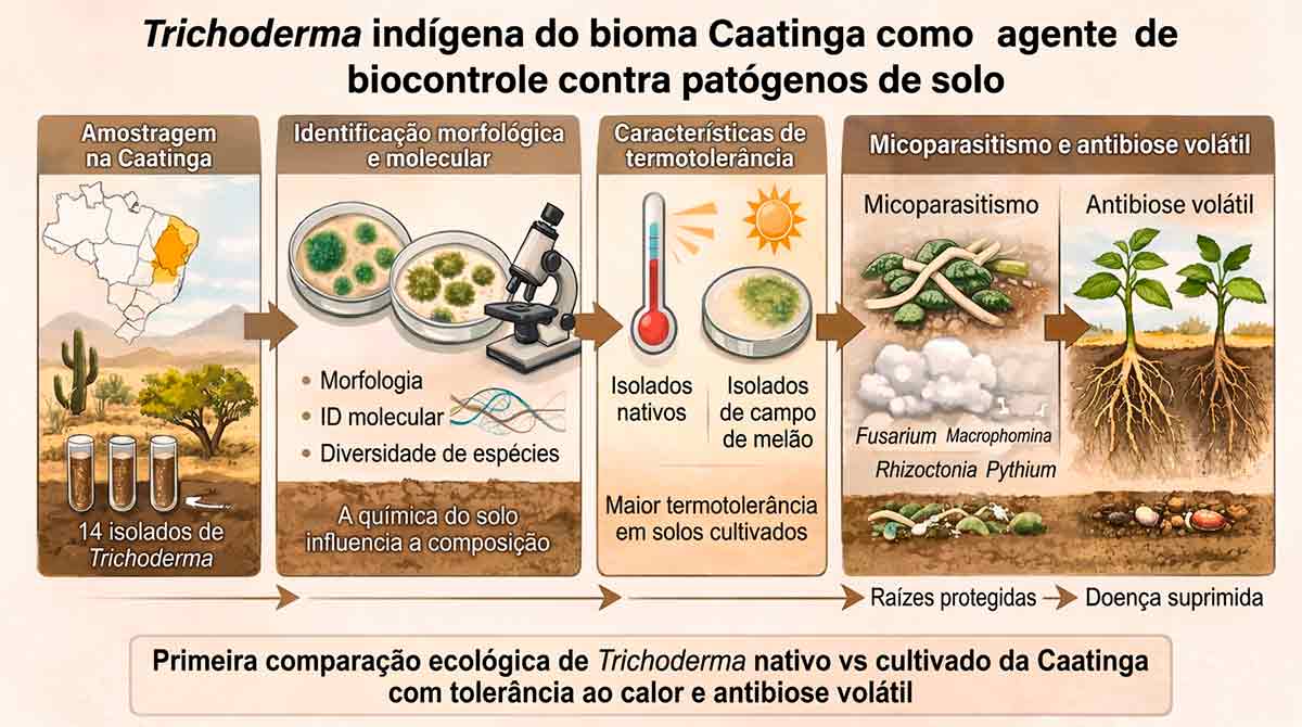 Ilustração da ação do Trichoderma indígena da caatinga como agente de biocontrole contra pátogenos do solo Ilustração da ação do Trichoderma indígena da caatinga como agente de biocontrole contra pátogenos do solo