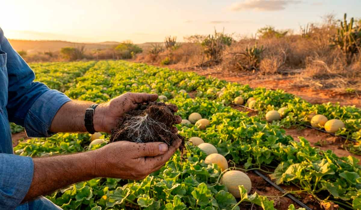 Lavoura irrigada de melão na Caatinga com pesquisador analisando solo para estudo de fungos Trichoderma da Embrapa